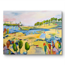Load image into Gallery viewer, An abstract landscape painting with geometric shapes featuring a landscape with a body of water and surrounding fields, possibly inspired by a morning scene with light reflections.