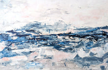 Load image into Gallery viewer, abstract textured minimalistic ocean waves in shades of blue, gray, and pink. Horizontal painting by Haleh Mahbod.