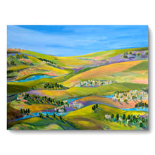Load image into Gallery viewer, A vibrant abstract landscape painting depicting a sunny landscape with rolling hills, trees, and a blue sky, rendered in bright colors and with a sense of movement. Large Horizontal painting by Haleh Mahbod.