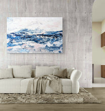 Load image into Gallery viewer, abstract textured minimalistic ocean waves in shades of blue, gray, and pink. Horizontal painting by Haleh Mahbod.