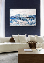Load image into Gallery viewer, abstract textured minimalistic ocean waves in shades of blue, gray, and pink. Horizontal painting by Haleh Mahbod.