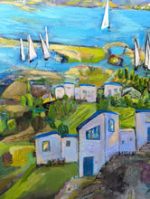 Load image into Gallery viewer, Coastal view large painting original greek village vineyards and lake view and boats. 36 inches square original painting by Haleh Mahbod.