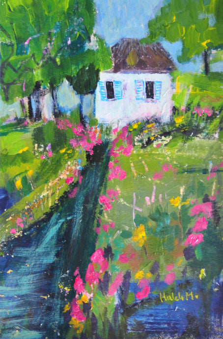 A house painting by a river filled with flowers