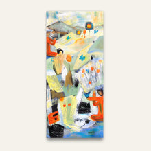 Load image into Gallery viewer, An abstract mixed media painting featuring various colors including blue, orange, and beige, with an artistic depiction of a scene that includes figures and floral elements. Long, Vertical painting for narrow wall space. Painting by Haleh Mahbod.