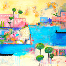 Load image into Gallery viewer, A vibrant abstract painting featuring a cityscape with green trees, blue water, and pink buildings. Large square painting by Haleh Mahbod.