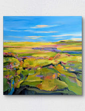 Load image into Gallery viewer, Square painting, Aerial view of a Colorful landscape painting with green fields and a blue sky. By Haleh Mahbod
