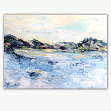 Load image into Gallery viewer, Abstract landscape  horizontal painting inspired by the Andes Mountains and Iguazu Falls, titled 'Grandeur of Nature.' The painting features a blend of blue, yellow, and gray hues with visible brushstrokes and pencil details. by Haleh Mahbod
