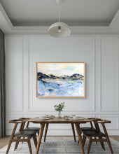 Load image into Gallery viewer, Abstract landscape painting inspired by the Andes Mountains and Iguazu Falls, titled 'Grandeur of Nature.' The painting features a blend of blue, yellow, and gray hues with visible brushstrokes and pencil details. By Haleh Mahbod.
