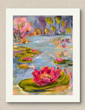 Load image into Gallery viewer, A vibrant painting featuring a water lily with a background of a pond and trees, presented in a white mat frame. Floral abstract by Haleh Mahbod
