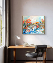 Load image into Gallery viewer, Abstract landscape painting featuring a coastal village scene with abstract elements in red, blue, and orange on a wrapped canvas. Horizontal painting by Haleh Mahbod.
