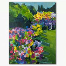 Load image into Gallery viewer, A vibrant abstract floral garden with a pathway, yellow, purple , blue  flowers and green foliage on a grassy background. floral by haleh mahbod.
