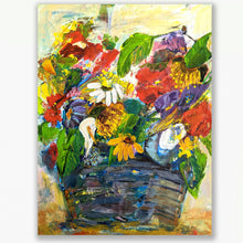 Load image into Gallery viewer, A basket of vibrant flowers, art for home or to gift, affordable original painting 
