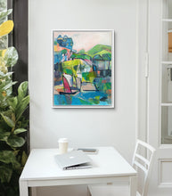 Load image into Gallery viewer, A colorful abstract painting featuring a beach house with a serene view of a bay and hills. geometric abstract shapes. Rolling hills. serene painting by Haleh Mahbod.

