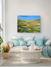 Load image into Gallery viewer, An acrylic abstract landscape painting depicting a colorful abstract landscape, good for living room, bedroom, entry, above fireplace. Horizontal painting by Haleh Mahbod
