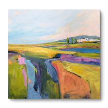 Load image into Gallery viewer, Textured abstract landscape painting a white building in distance overlooking a colorful valley with patches of pink, yellow, blue, and green terrain under a soft sky. Square. By Haleh Mahbod.
