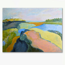 Load image into Gallery viewer, Textured abstract landscape painting a white building in distance overlooking a colorful valley with patches of pink, yellow, blue, and green terrain under a soft sky. By Haleh Mahbod.
