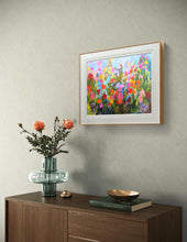 Load image into Gallery viewer, Colorful painting of a garden of flowers positive energy with yellow sky and butterflies. Unique floral painting by Haleh Mahbod.
