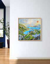 Load image into Gallery viewer, Coastal view large painting original greece village vineyards and lake view and  boats.  36 inches square original painting by Haleh Mahbod.
