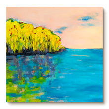 Load image into Gallery viewer, Abstract  seascape depicting a serene lakeside scene with vibrant colors, primarily blues and yellow and tree reflections in water. By Haleh Mahbod
