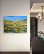 Load image into Gallery viewer, An acrylic abstract landscape painting depicting a colorful abstract landscape, good for living room, bedroom, entry, above fireplace. Horizontal painting by Haleh Mahbod
