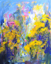 Load image into Gallery viewer, A painting with abstract floral patterns in vibrant yellow and purple colors, wild flowers, expressive. By Haleh Mahbod

