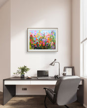 Load image into Gallery viewer, Colorful painting of a garden of flowers positive energy with yellow sky and butterflies. Unique floral painting by Haleh Mahbod.
