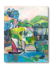 Load image into Gallery viewer, A colorful abstract painting featuring a beach house with a serene view of a bay and hills. geometric abstract shapes. Rolling hills. serene painting by Haleh Mahbod.
