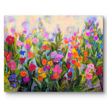 Load image into Gallery viewer, Colorful painting of a garden of flowers positive energy with yellow sky and butterflies. Unique floral painting by Haleh Mahbod.
