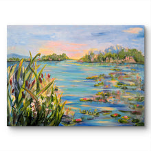 Load image into Gallery viewer, A large original impressionist painting of pink water lilies in a lake at dawn. textured 30x40 painting by Haleh Mahbod.
