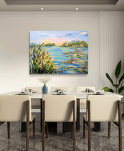 Load image into Gallery viewer, A large original impressionist painting of pink water lilies in a lake at dawn. textured 30x40 painting by Haleh Mahbod.
