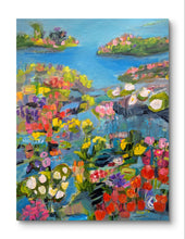 Load image into Gallery viewer, A vibrant painting featuring a floral scene with a variety of colors, depicting a tranquil natural landscape in a lakeside. Abstract landscape and floral by Haleh Mahbod.
