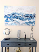 Load image into Gallery viewer, abstract textured minimalistic ocean waves in shades of blue, gray, and pink. Horizontal painting by Haleh Mahbod.
