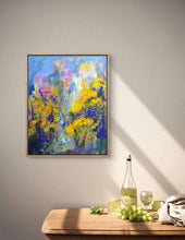 Load image into Gallery viewer, A painting with abstract floral patterns in vibrant yellow and purple colors, wild flowers, expressive. By Haleh Mahbod
