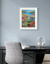Load image into Gallery viewer, A painting with abstract floral patterns in vibrant yellow and purple colors, wild flowers, expressive. By Haleh Mahbod
