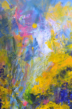 Load image into Gallery viewer, A painting with abstract floral patterns in vibrant yellow and purple colors, wild flowers, expressive. By Haleh Mahbod
