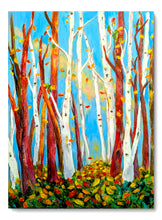 Load image into Gallery viewer, Colorful painting of trees with autumn foliage on a blue background with leaves falling. abstract landscape by haleh mahbod.
