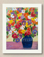 Load image into Gallery viewer, A painting of a vase with multicolored flowers on a pink background, framed in a white mat. Abstract floral by haleh mhabod.
