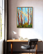 Load image into Gallery viewer, A vibrant abstract floral garden with a pathway, yellow, purple , blue  flowers and green foliage on a grassy background. floral by haleh mahbod.
