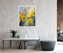Load image into Gallery viewer, textured abstract floral patterns in vibrant yellow and purple colors, wild flowers, expressive. By Haleh Mahbod

