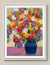 Load image into Gallery viewer, A painting of a vase with multicolored flowers on a pink background, framed in a white mat. Abstract floral by haleh mhabod.
