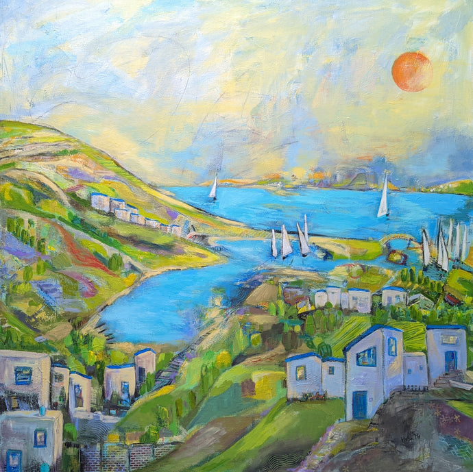 Coastal view large painting original greece village vineyards and lake view  boats 