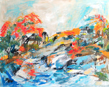Load image into Gallery viewer, A mixed media painting featuring a coastal village scene with abstract elements in red, blue, and orange on a wrapped canvas. Horizontal painting by Haleh Mahbod.
