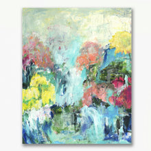 Load image into Gallery viewer, heavily textured abstract of water fall with Spring or Fall trees, landscape painting of water and mountains
