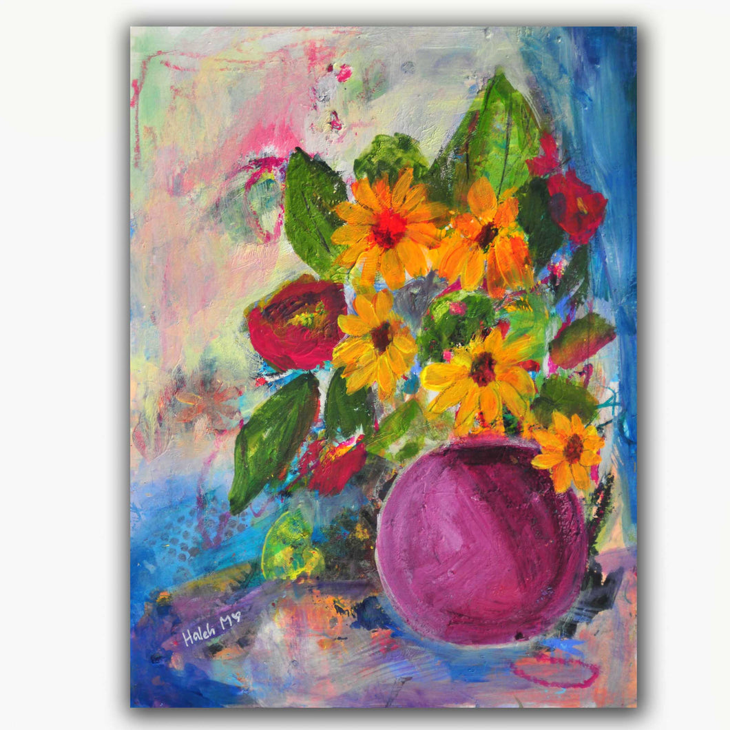 Colorful bouquet in a purple vase 9x12