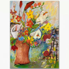 Load image into Gallery viewer, A bouquet of cala li l ies with red and yellow flowera in a garden, hopeful, warm painting on paper
