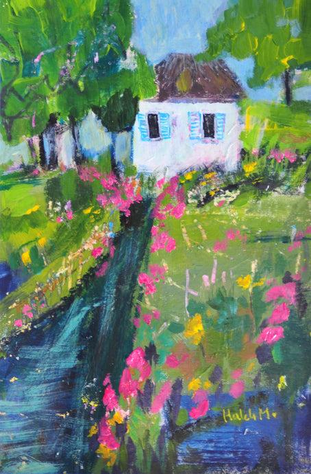 A house painting by a river filled with flowers