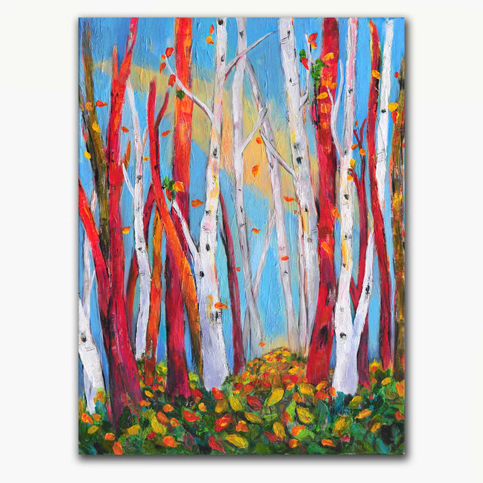 Cheerful painting of autumn in the forest, warm sun, aspen forest, 