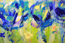 Load image into Gallery viewer, Floral abstract, mix of purple and blue on a light green and yellow background, displayed. Horizontal, long painting for above fireplace or above bed or foyer. By Haleh Mahbod.
