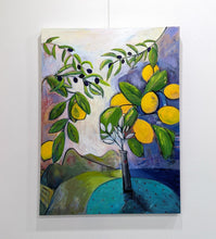 Load image into Gallery viewer, A textured large abstract still life painting depicting lemon and olive trees with yellow fruits against a blue background, Vertical Large Canvas. By Haleh Mahbod.
