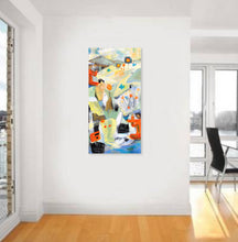 Load image into Gallery viewer, Textured vertical painting featuring various colors including blue, orange, and beige, with an artistic depiction of a scene that includes mountains, figures and floral elements.  Painting by Haleh Mahbod.
